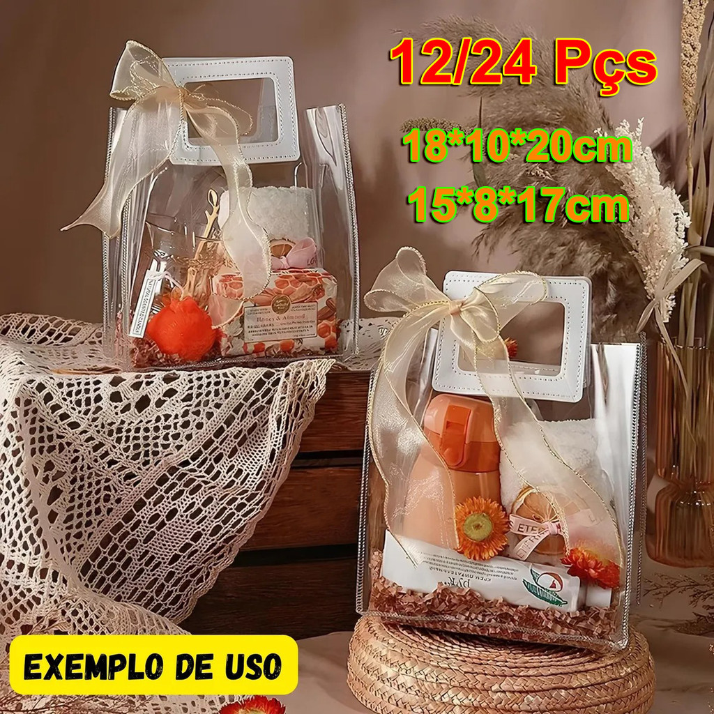Kit 12/24 Sacola de Presente Transparente PVC Alça de Couro Quadrada Branco Rosa Vermelho em Oferta na Shopee