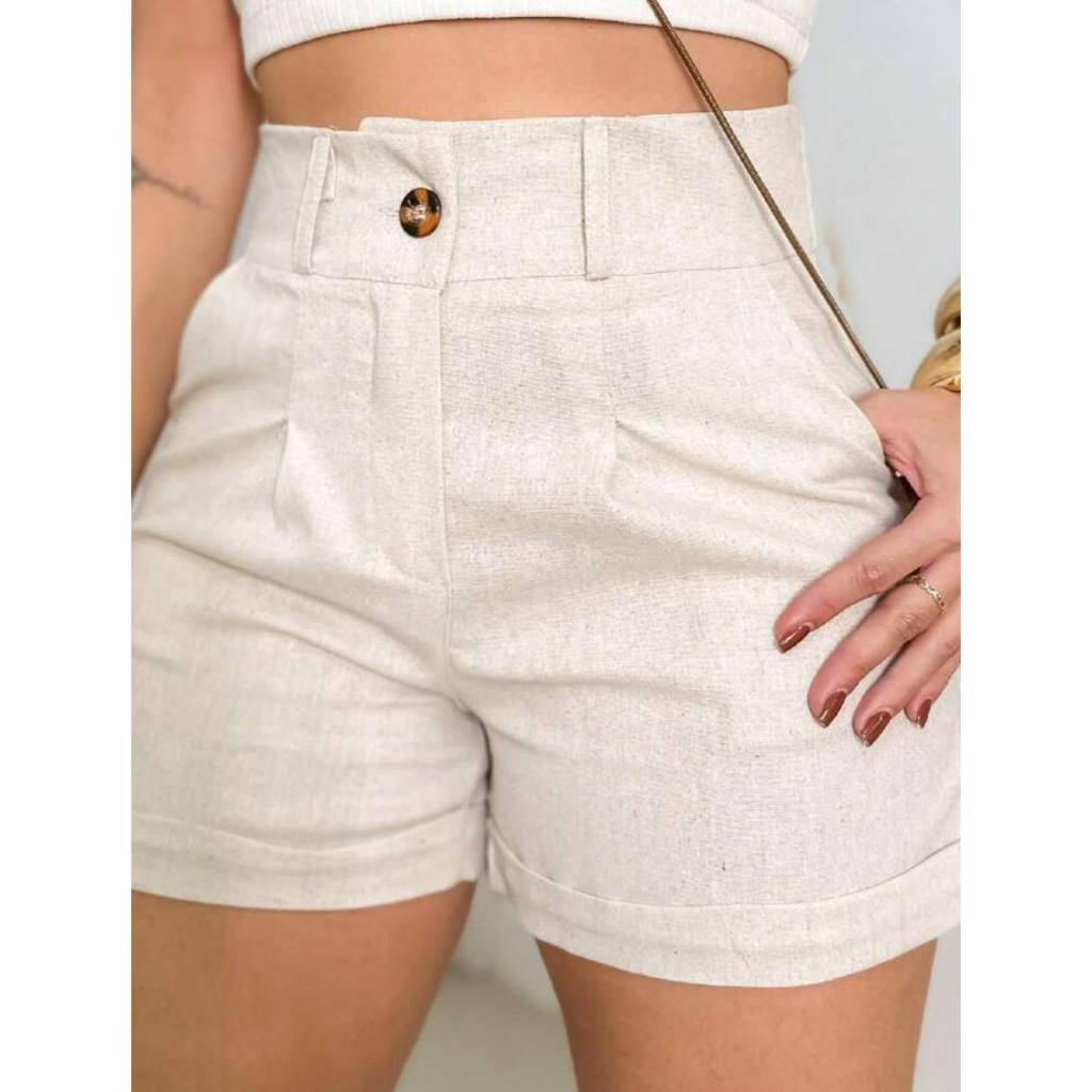 Short Linho Feminino Cintura Alta Bolso Faca Elegante Confortavel em Oferta na Shopee
