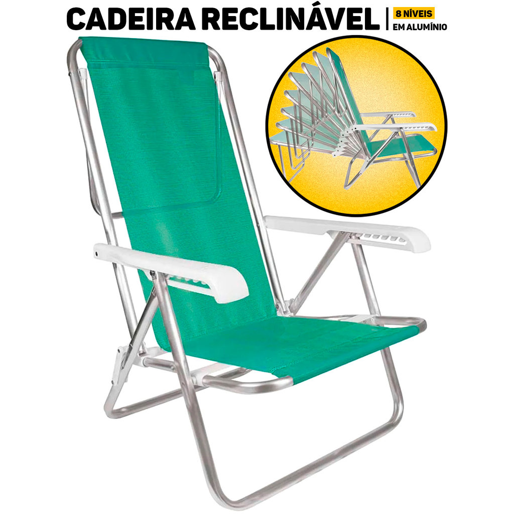 Cadeira De Praia Mor Reclinável 8 Posições Até 100kg Reforçada Alumínio Piscina Lagoa Camping