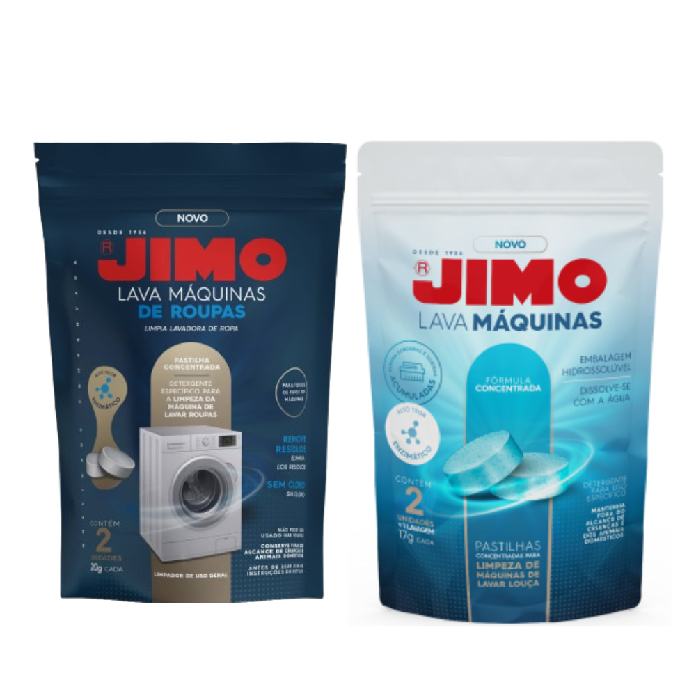 Kit Pastilha Jimo Lava Máquina De Louça 2x17g + Limpa Máquina De Roupa 2x20g Removedor De Resíduos