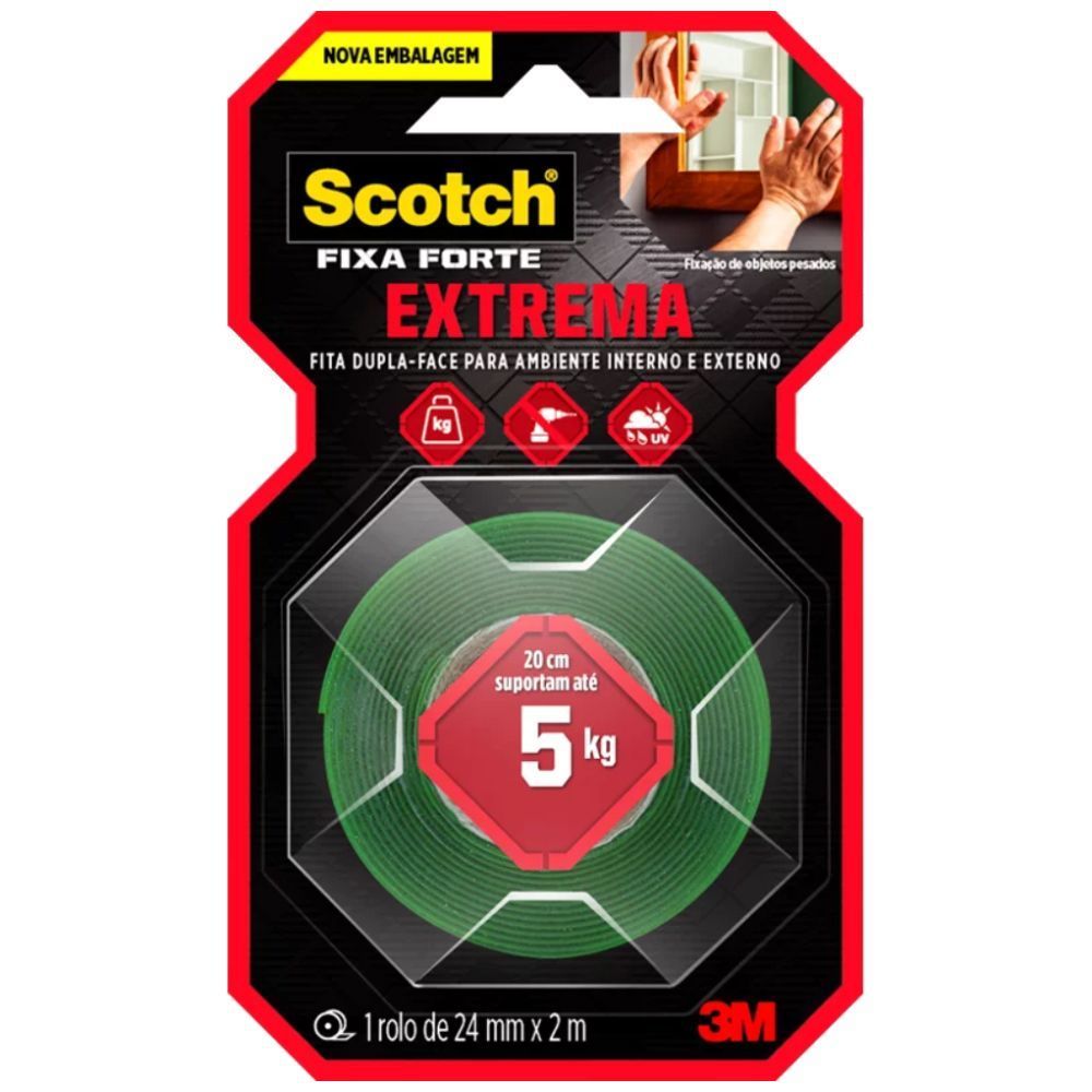 Fita Dupla Face 3M Externa Fixa Forte Extrema 5kg 24mm x 2m