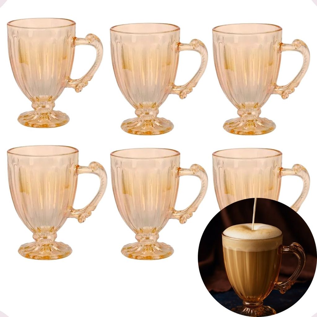 Conjunto Caneca Xícara taça capuccino Vidro Âmbar 190ml Roma