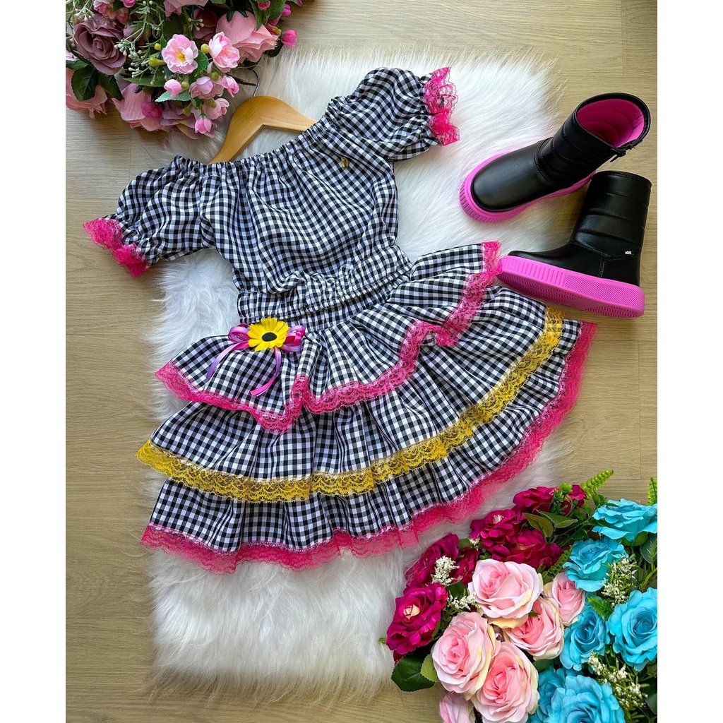 Conjunto Junino Banana Club Luxo Gabriela Xadrez Preto