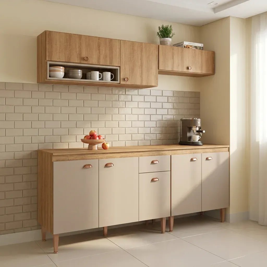 Cozinha Modulada Completa 4 Peças com 2 Armários Aéreos e Balcão com Tampo Marti Yescasa Mel/Fendi Cinza Sim