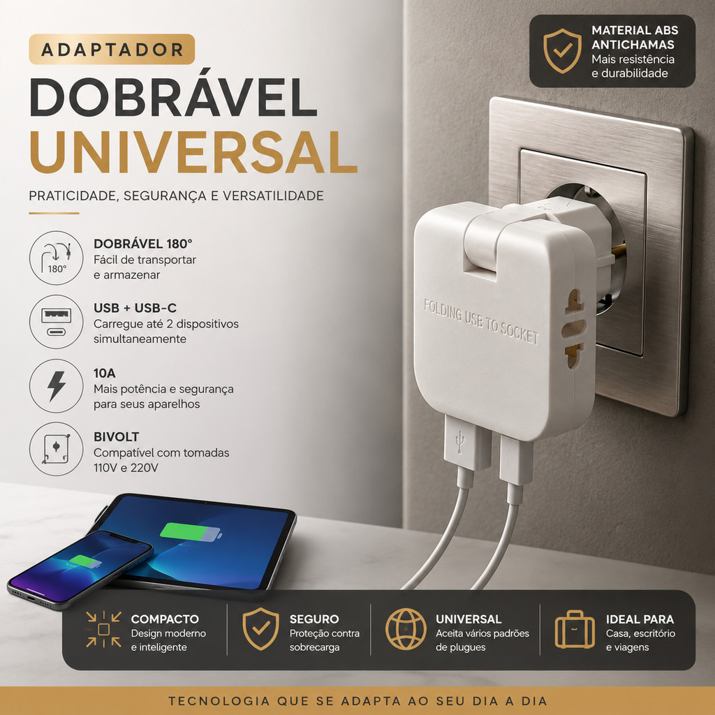 Adaptador Universal Dobrável 180° Bivolt 10A com USB + USB-C | Compacto para Viagem, Casa e Escritório