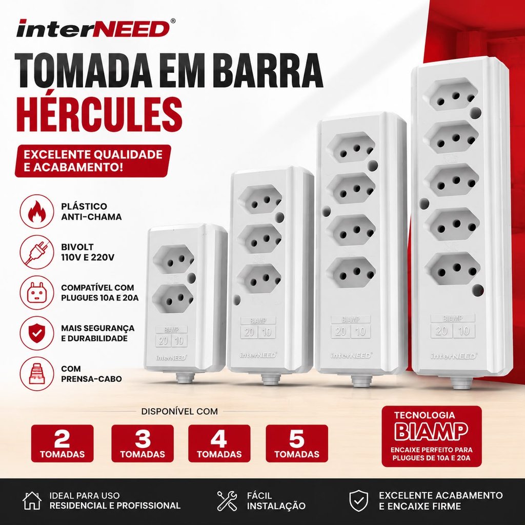 Tomada em Barra Régua Extensão Interneed Hércules 2 3 4 5 Tomadas Bivolt 10A 20A