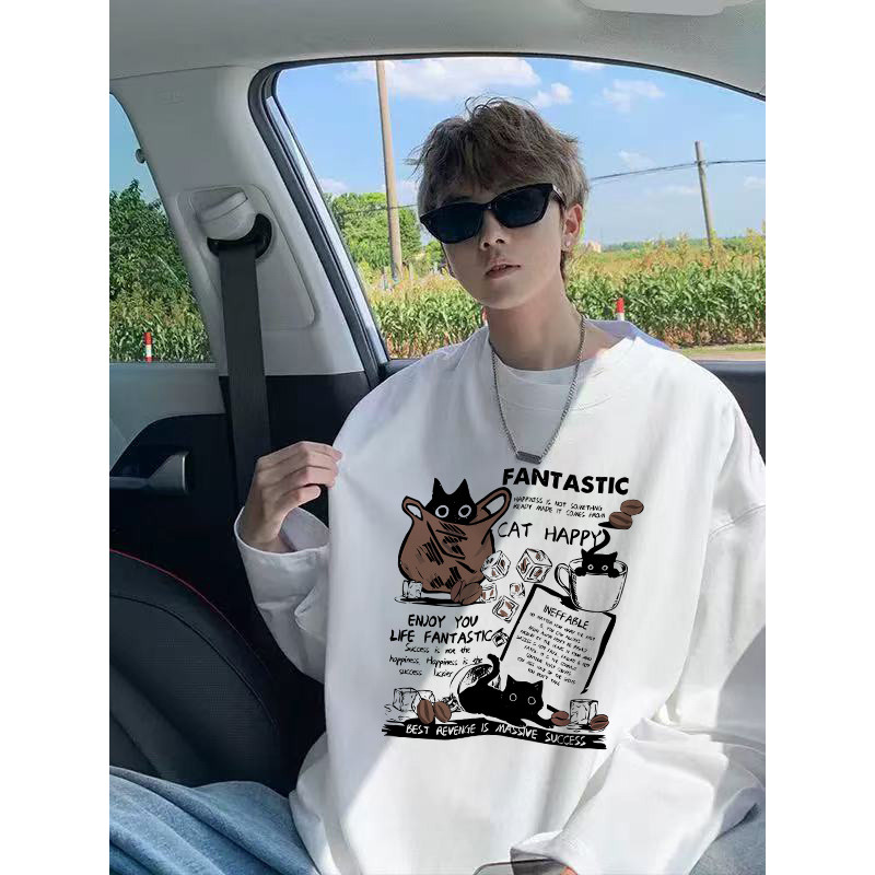 Americano puro algodão de manga comprida camiseta masculina primavera outono solto tamanho grande nicho branco ins na mo