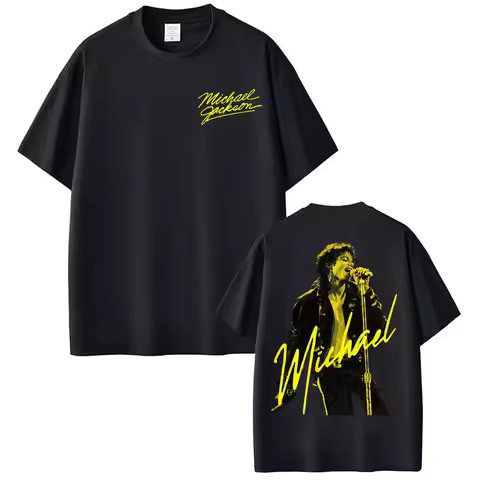 Camiseta Unissex Oversized Plus Size Feminina Masculina Estampa Michael Jackson Cantando Autógrafo Amarelo Streetwear