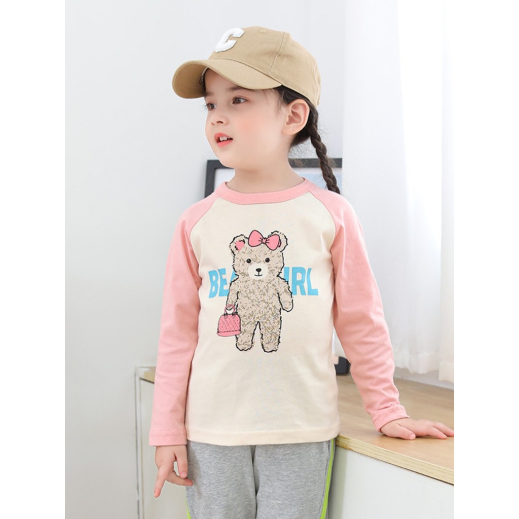 27home Roupas infantis de algodão puro primavera outono camiseta de manga comprida meninas desenho animado urso estampa 