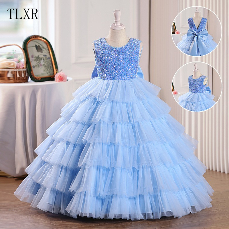 Vestido Longo de Princesa Infantil com Design em Camadas Brilhantes, Vestido de Aniversário para Meninas, Decote em V na