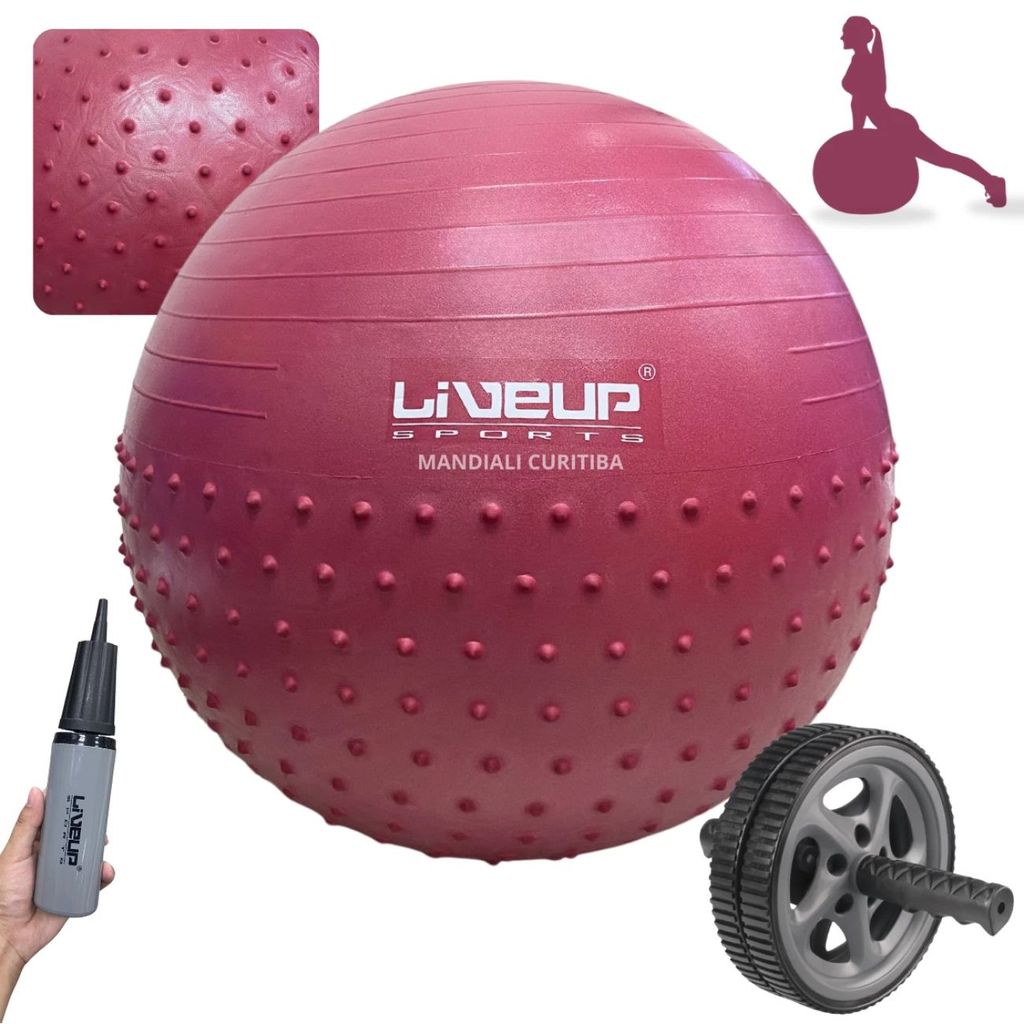 Kit Ginástica Bola Suíça 65cm Massage Ball + Mini Bomba + Roda para Abdominal Pilates