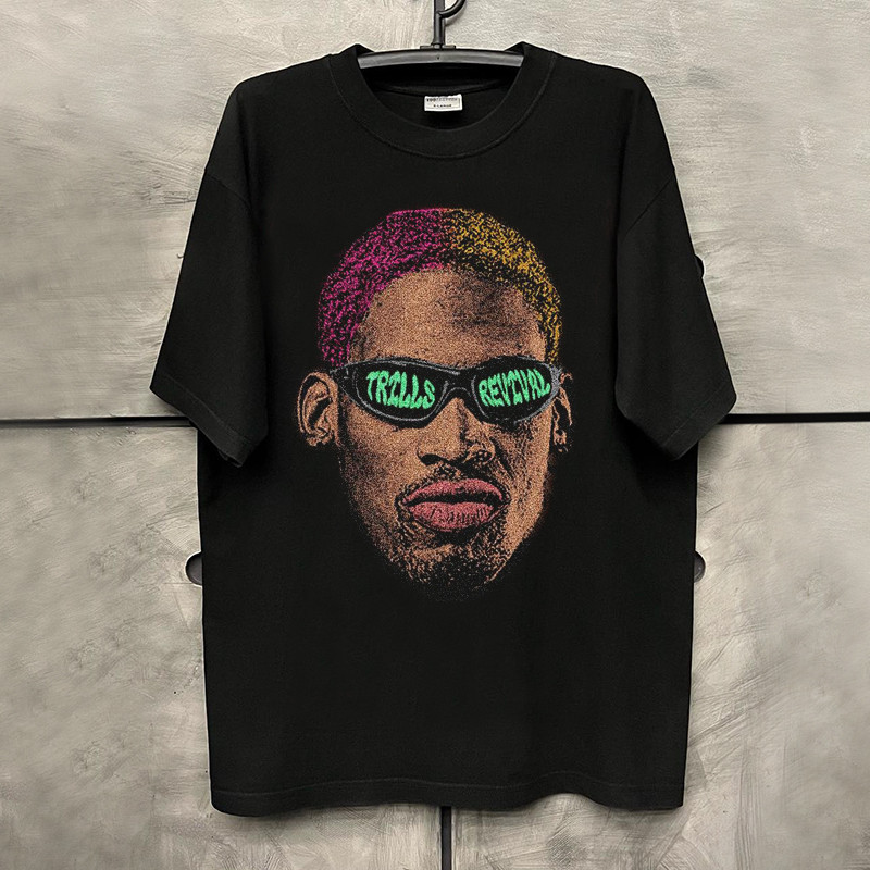 Camiseta estampada premium em puro algodão Camiseta Rodman Basquete NBA Streetwear Chic Colarinho Estreito Algodão Confo