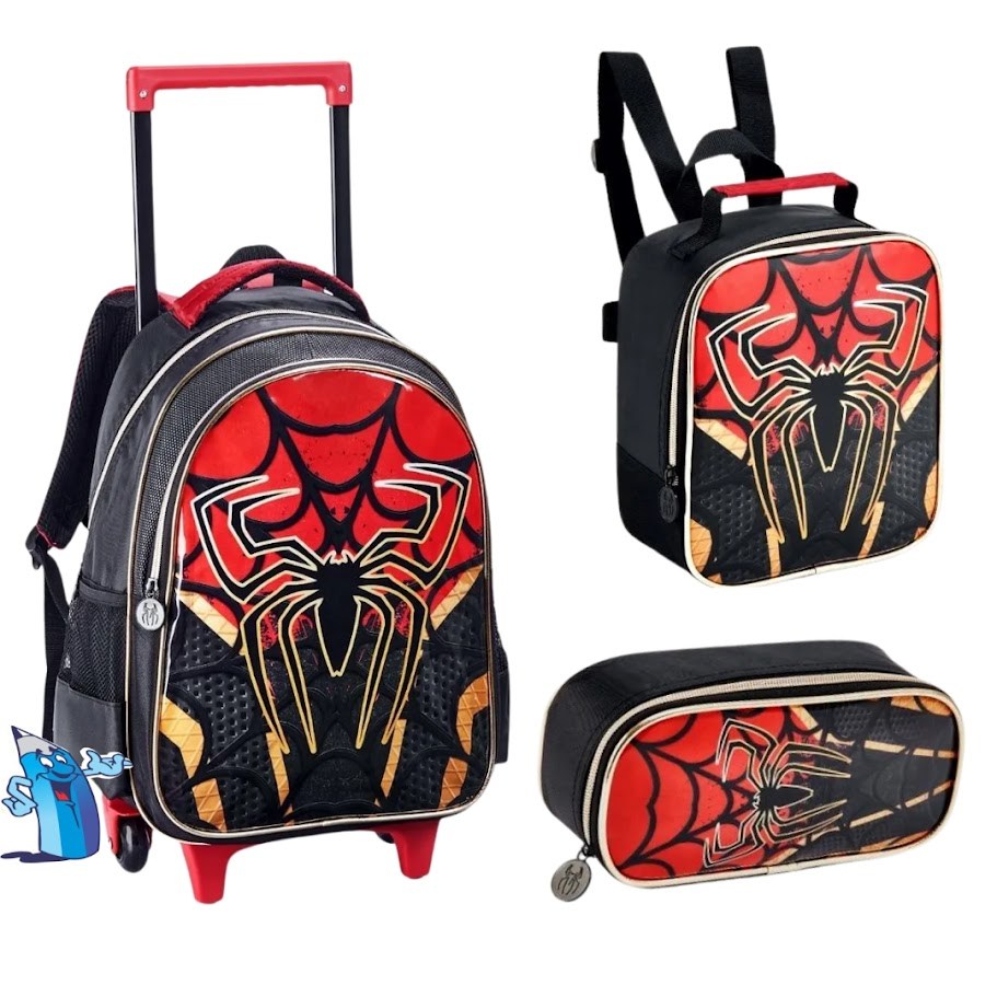 KIT MOCHILA DE RODINHA SPIDER COM LANCHEIRA E ESTOJO HOMEM ARANHA VERMELHA DENLEX DL1502