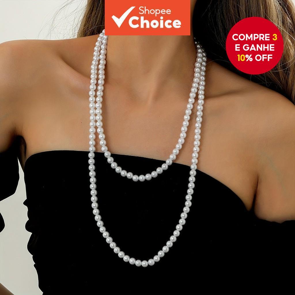 Colar Francês Com Contas Longas Em Camadas Para Mulheres – Joias Elegantes De Imitação De Pérolas Multicamadas Estilo Eu