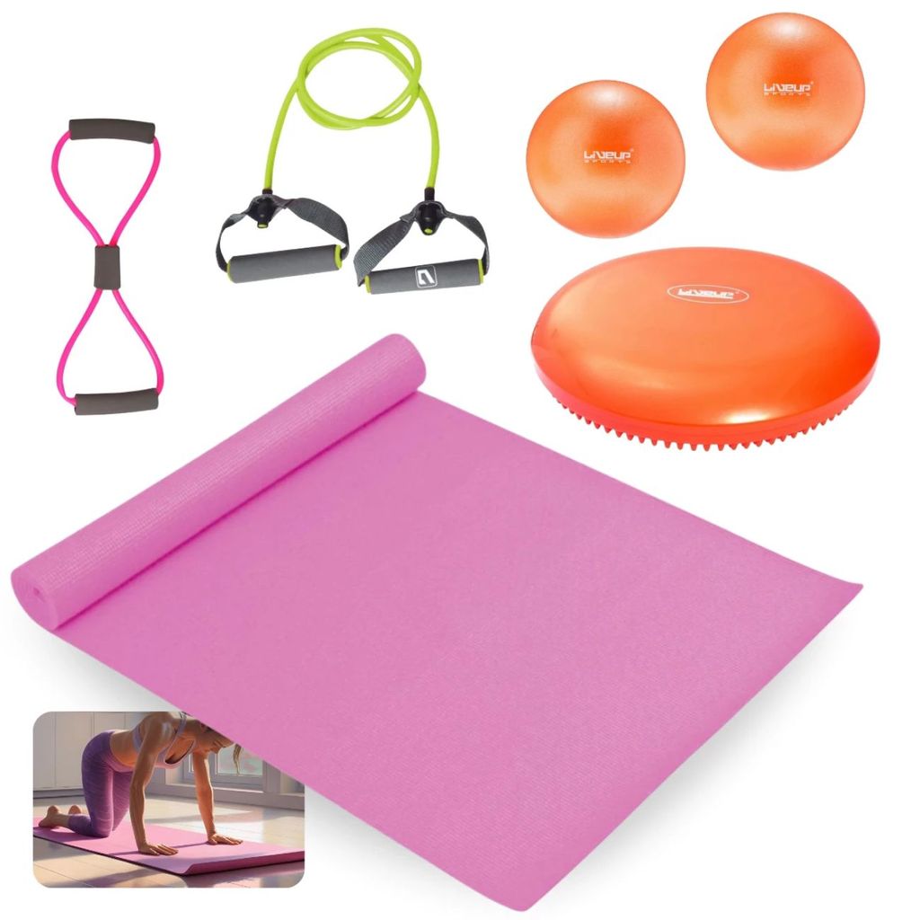 Kit Colchonete Rosa + 2 Overball + Elástico 8 Leve + Elástico 1 Via Medio + Disco de Equilíbrio