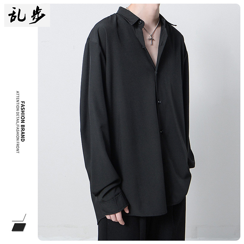 Estilo Hong Kong Drape camisa de seda gelo masculina manga comprida forro solto agora High-End verão estilo fino ins Puf