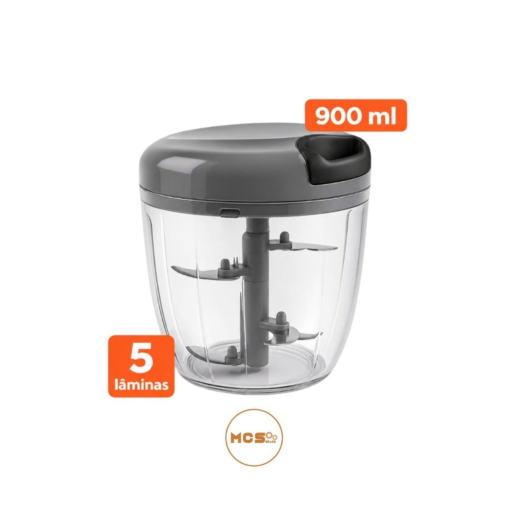 Processador Triturador Manual De Alimentos Grande 5 Lâminas 900ml Cinza