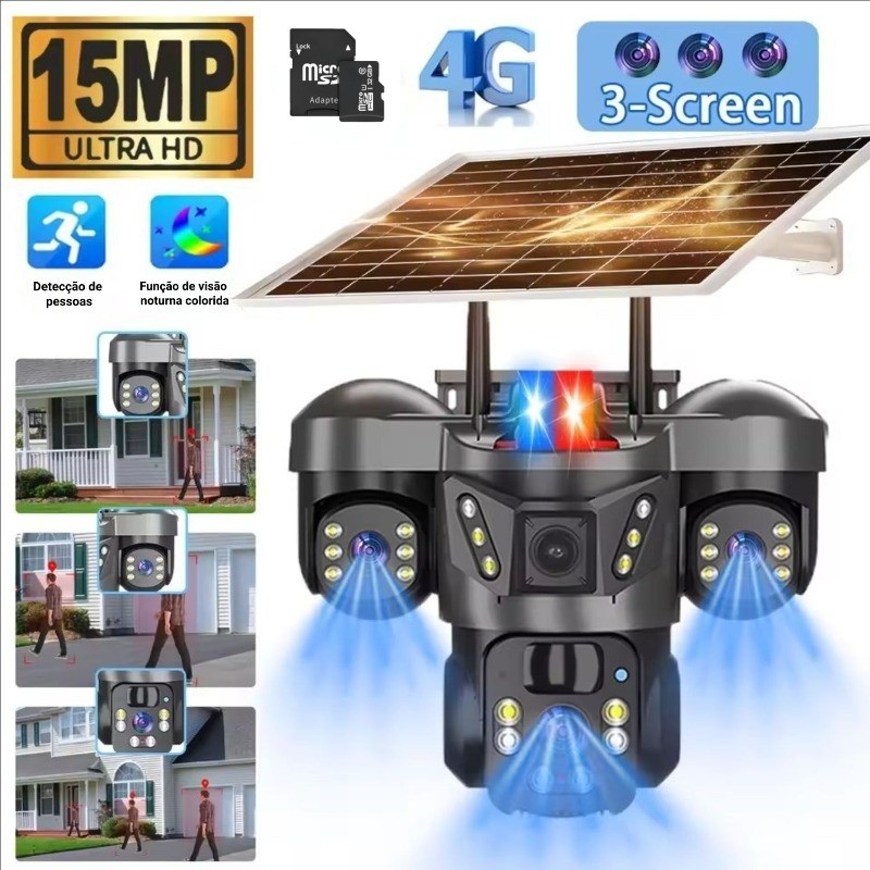 Três Lentes Câmera Ip Solar Externa Full HD Prova D'água 4G Wifi Áudio Bidirecional Solar Lentes IP66 À Prova