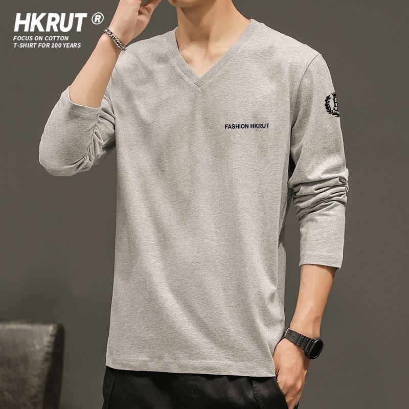 2026 primavera novo estilo impresso masculino de manga comprida algodão camiseta com decote em V roupas masculinas roupa
