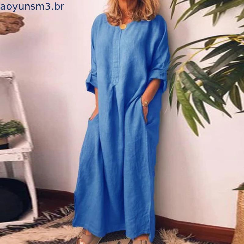 Fairystore|| Vestir Vestido Kaftan / Csa Longa De Algodão / Linho / Cor Lisa / Casual / Feminino / Kaftan