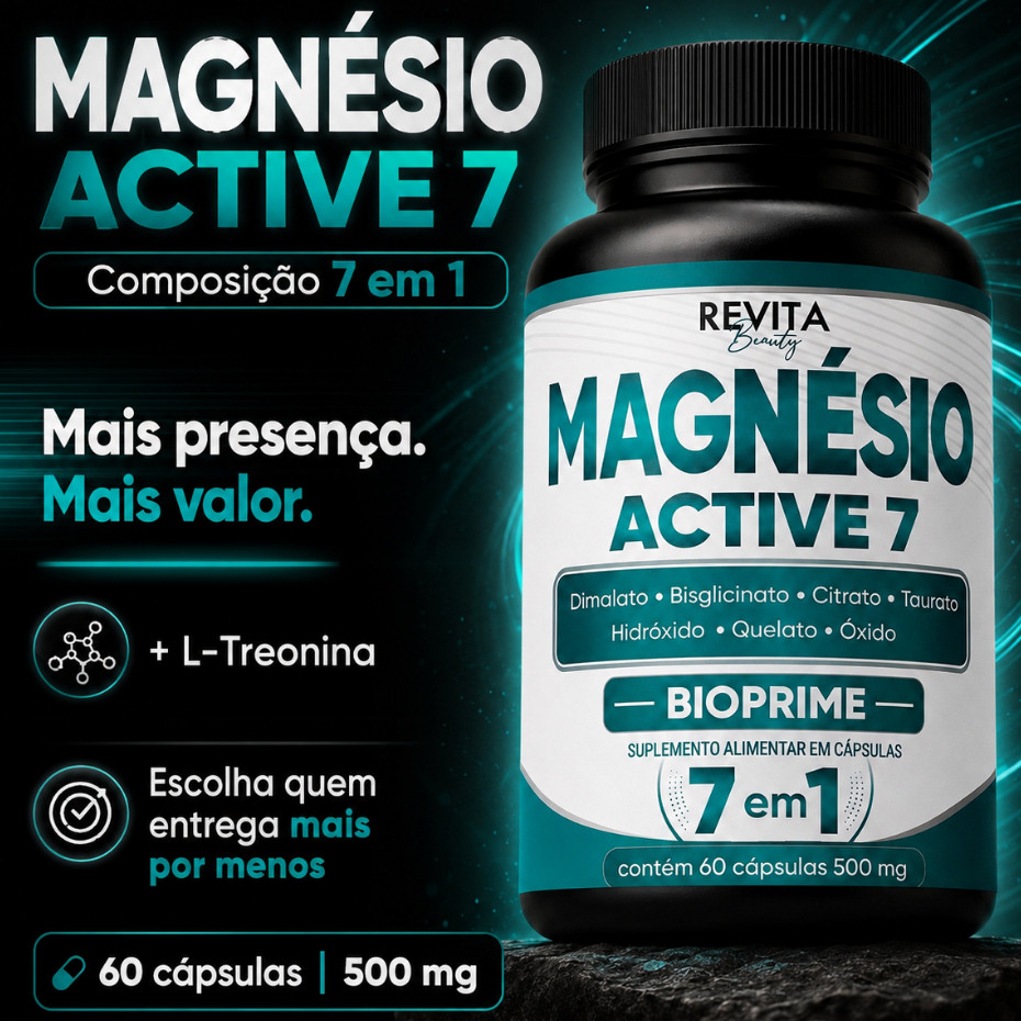 Detalhes do Pro Magnésio Active 7 Revita Beauty Ação 7 em 1 - 60 Cápsulas  Alta Absorção 500mg | Mais por Menos
