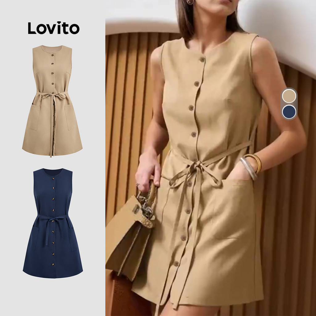 Lovito Casual Vestido com Laço Na Frente Botões Parte Primavera/verão Vestido Cá