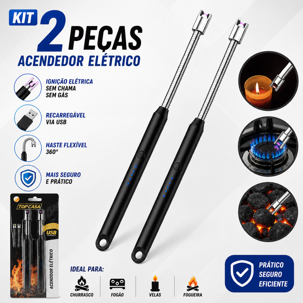 Kit Isqueiro Eletrico Eletronico Plasma Acendedor De Fogão Churrasqueira Vela Recarga USB Flexível Cozinha Churrasqueira