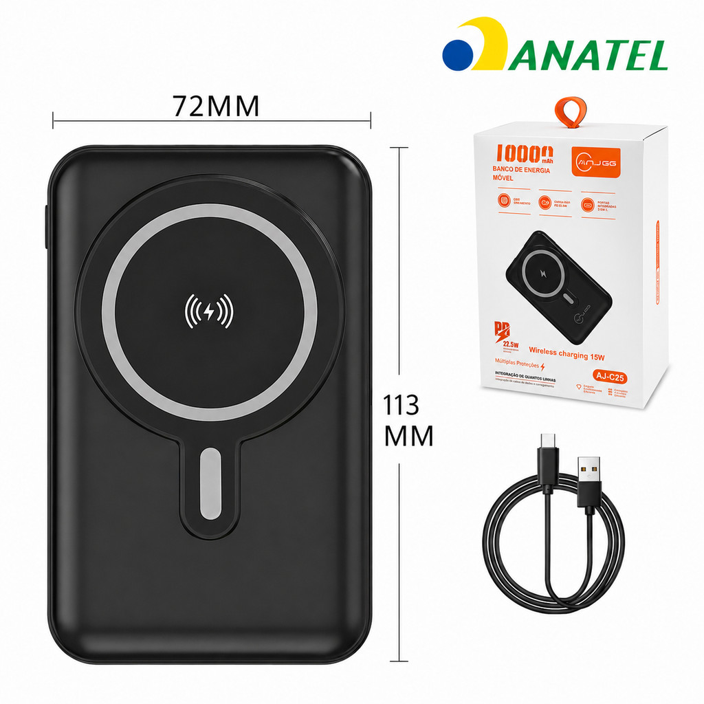 Power Bank Magnético 10000mAh PD 22.5W Carregador Portátil com 3 Cabos e Suporte