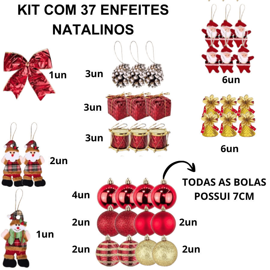 Kit Com 37 Peças De Enfeite Natalino Sortido Com Papai Noel Laço Bola Sino Enfeite Diversos E Tecido