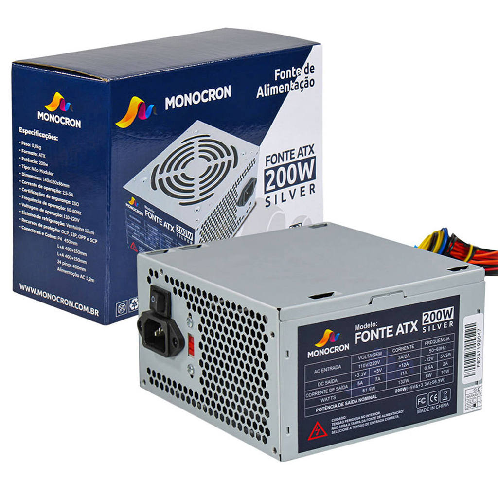 Fonte ATX 200W para Computador Desktop Ventoinha 12cm Não Modular 140x150x86mm Monocron Silver