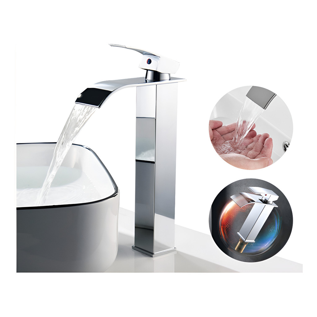 Torneira Banheiro Inox 304 De Bancada Luxo Alta Bica Cascata Cor Prateado - Estilo Alto- Cascata Bico
