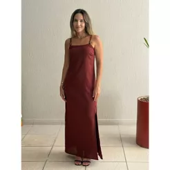Vestido Feminino Linho Spandex Neck De Alças e Fenda Lateral Fresco Longo Tendência 2026