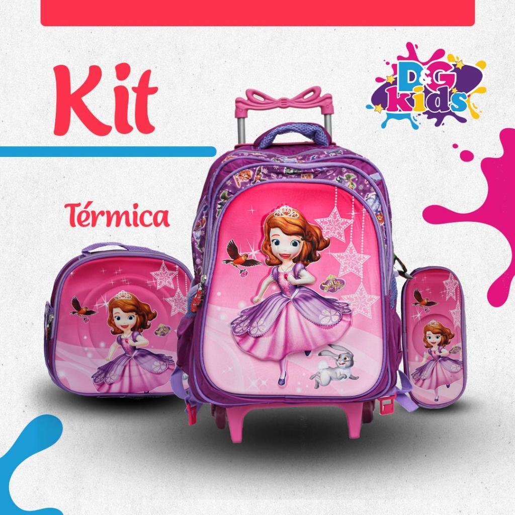 kit mochila escolar 3D princesa sofia feminina com rodinhas estojo e lancheira térmica