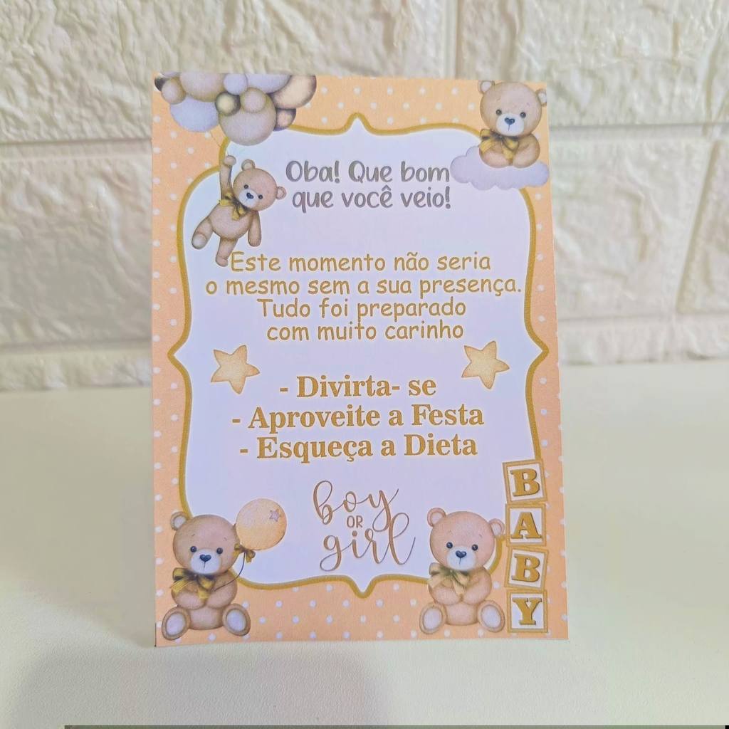 Plaquinha de Mesa  Chá Revelação URSINHO Bege dourado  Neutro  Centro de mesa Card Agradecimento Lembrancinha Festa