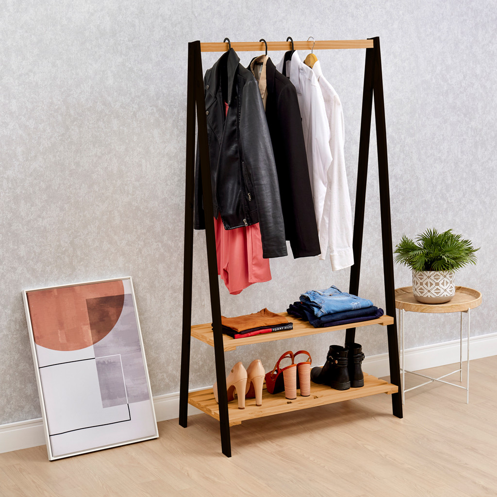 Arara Para Roupas Com 2 Prateleiras Madeira Maciça