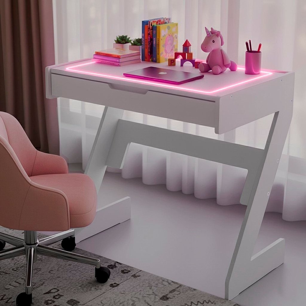 Escrivaninha para Escritório com Luz Rosa Neon 1 Gaveta 73cm Branco