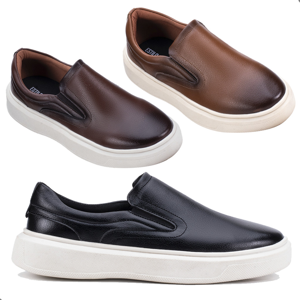 Tênis Slip On Iate Calce Fácil Sem Cadarço Mocassim Masculino Couro Confortável Preto Café Terracota