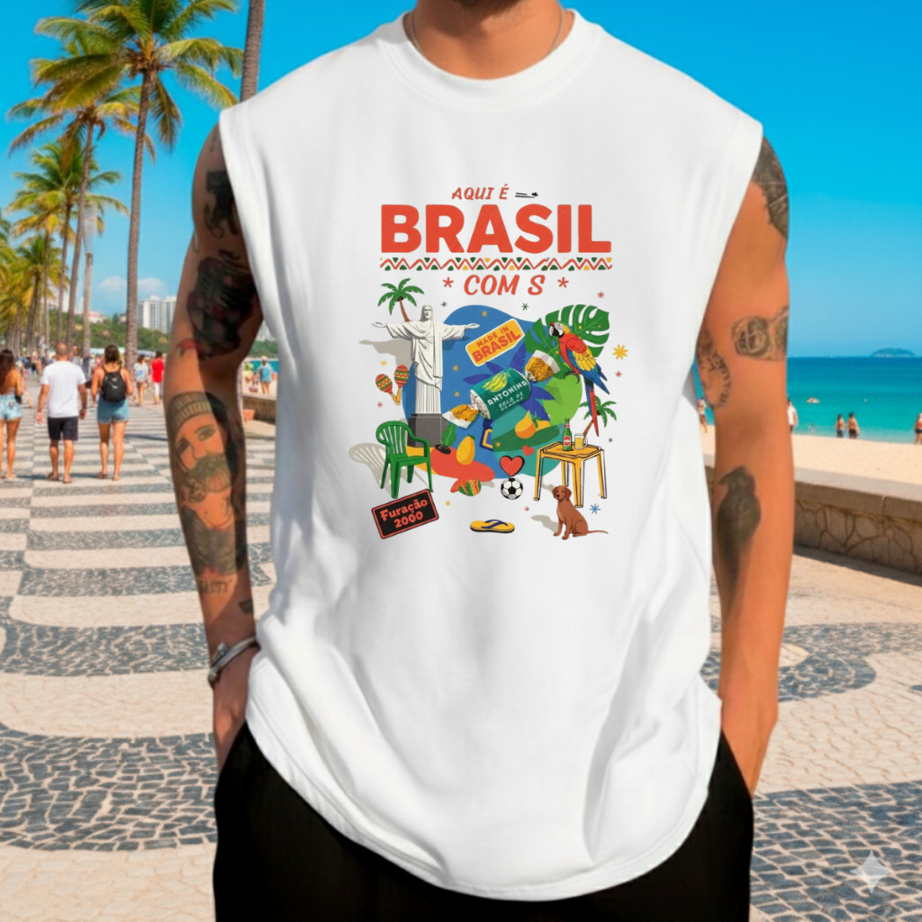 Camiseta Regata Machão Oversized Masculina Estampada Brasil  Carnaval Academia Verão Treino