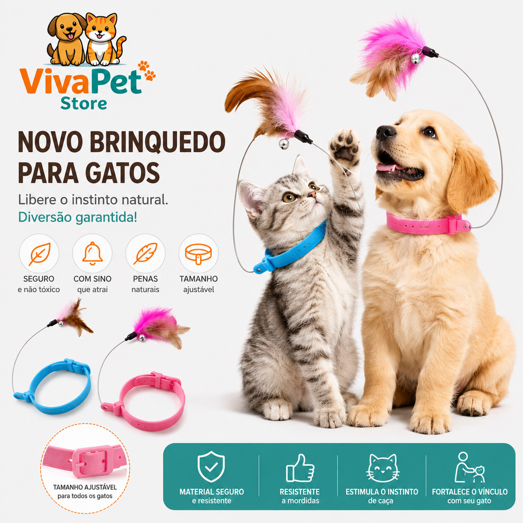 Brinquedo Interativo para Gatos com Pena e Sino | Coleira Ajustável Anti Tédio para Pets