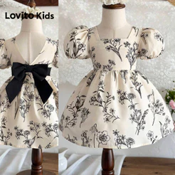 Lovito Kids Curto Vestido Casual com Laço Nas Costas Estampa Floral Primavera/verão Damasco para menina L192AD016