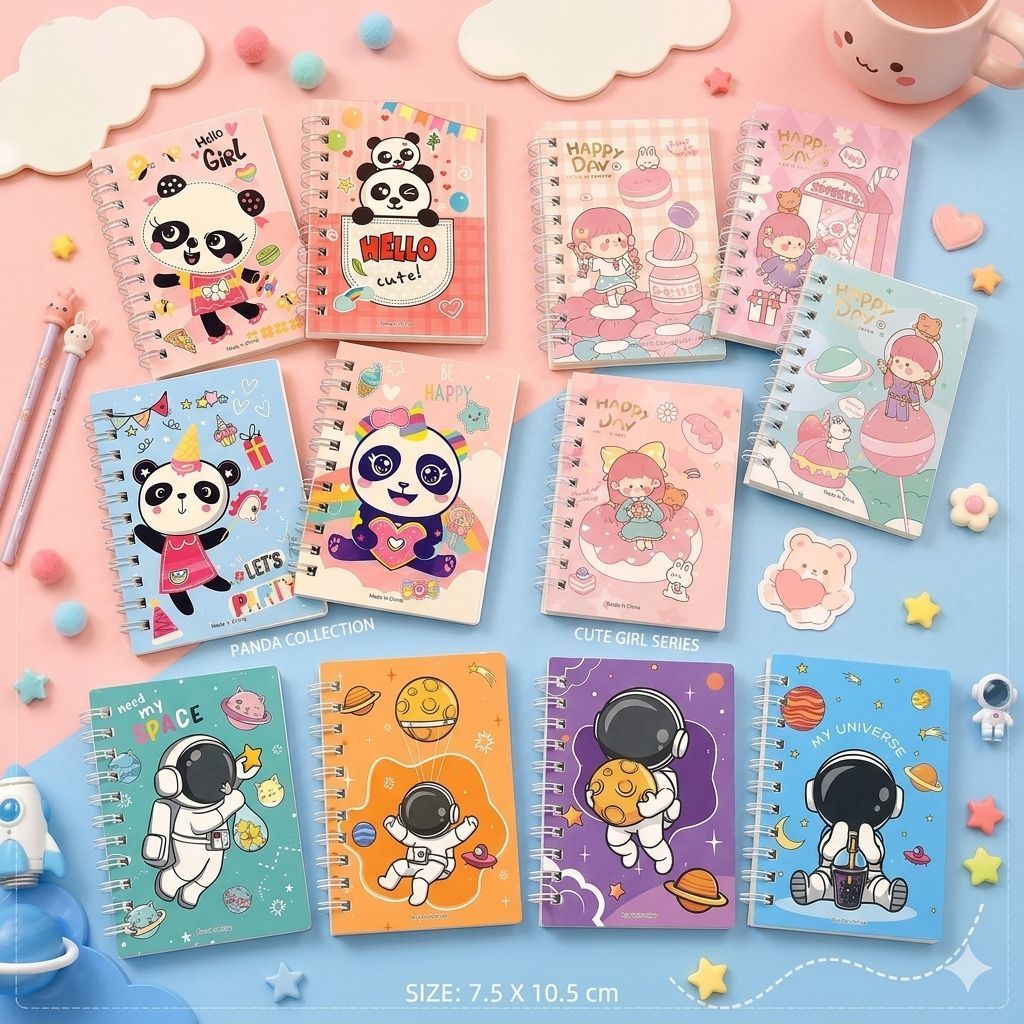 Kit 4 Mini Cadernos Espiral Kawaii Panda Astronauta Menina Fofo 160 Folhas