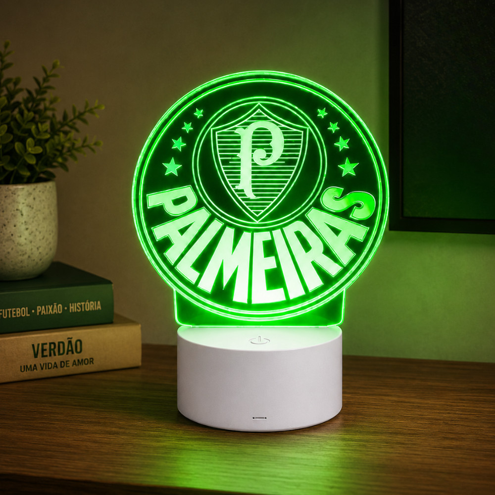 Abajur Luminária Decorativa Futebol Palmeiras Verdão LED Em Acrílico Mancha Verde