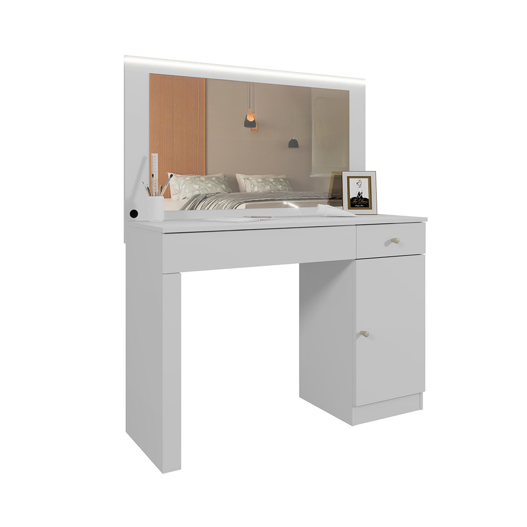 Penteadeira Camarim Nina Quarto com 2 Gavetas 1 Porta e LED
