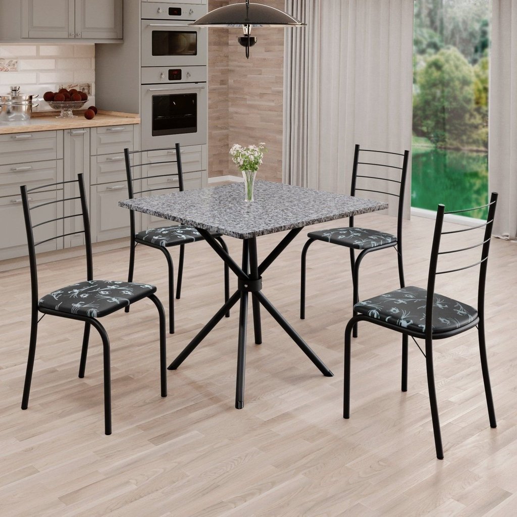 Conjunto Sala de Jantar Mesa Quadrada 75x75cm Tampo Granito Ocre 4 Cadeiras Rio Preto Floral/Preto