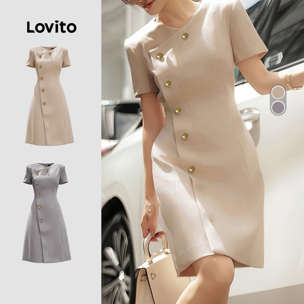 Lovito Elegante Vestido com botão assimétrico primavera/verão, vestido cáqui claro para mulheres LK3ED1887