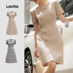 Lovito Elegante Vestido com botão assimétrico primavera/verão, vestido cáqui claro para mulheres LK3ED1887