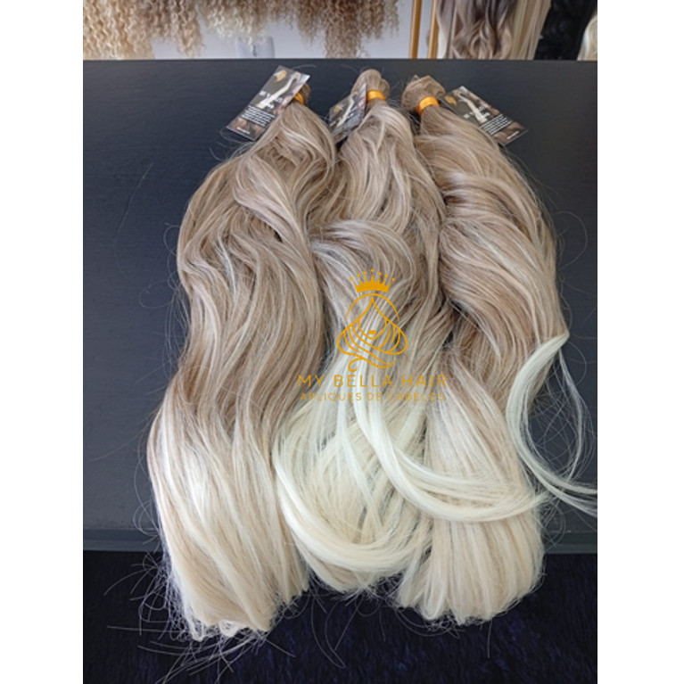 Aplique de Cabelo na Tela Mega Hair Natural Fibra Russa Ondulado Loiro Perolado Luzes 60cm Premium Bella Hair