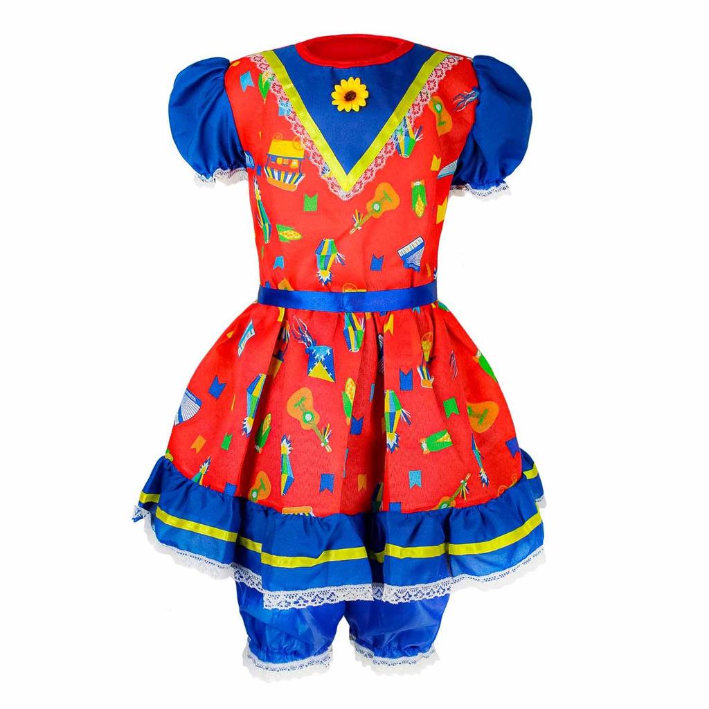 vestido festa junina infantil vermelho barato floral com shorts culote lindo 2 a 12 anos