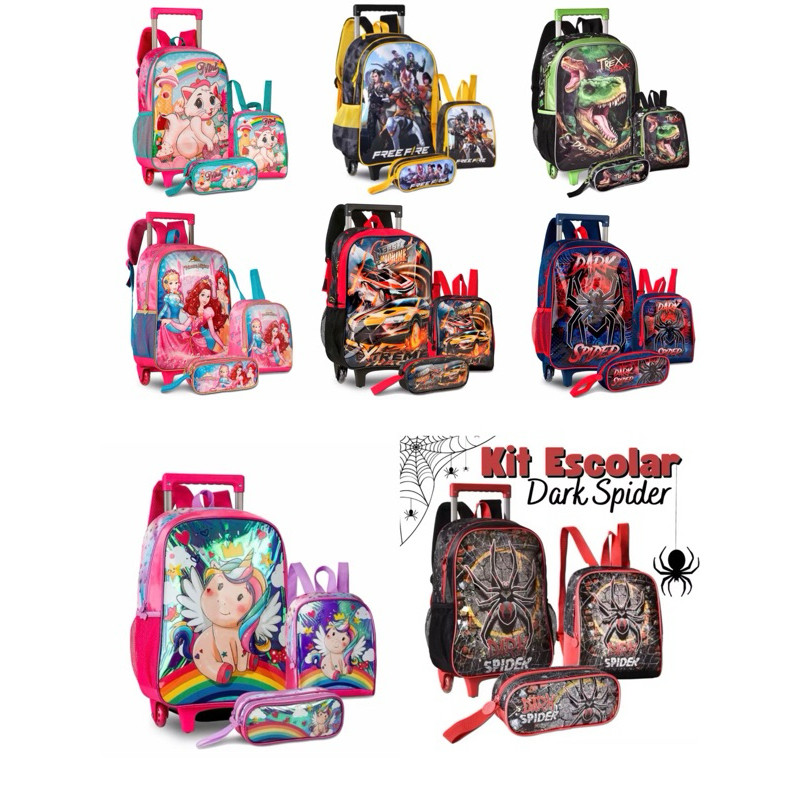 Kit Mochila Escolar Infantil de Rodinhas  Bolsa Resistente Impermeável Com Lancheira e Estojo