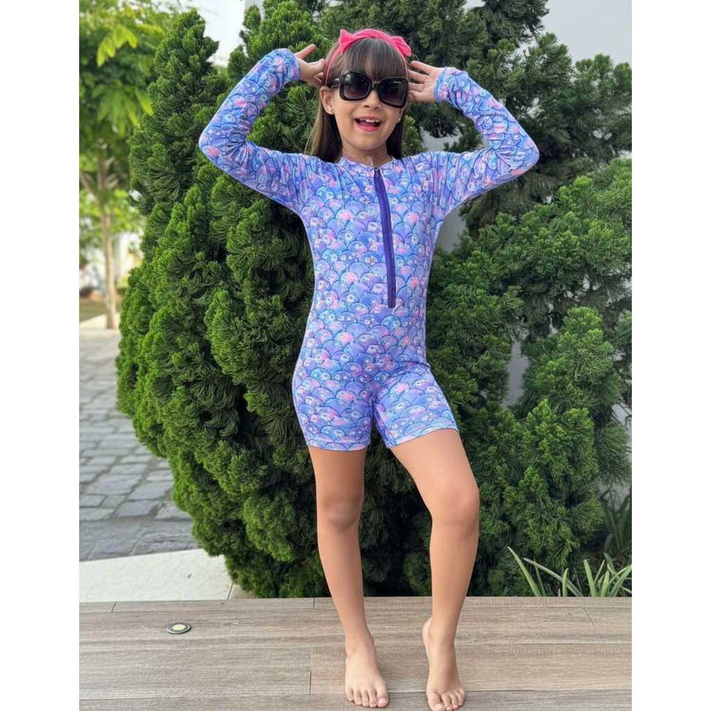 Macacão Termico Estampado Juvenil para Meninas Tecido com proteção Uv com fecho Zíper Piscina 0872 em Oferta na Shopee